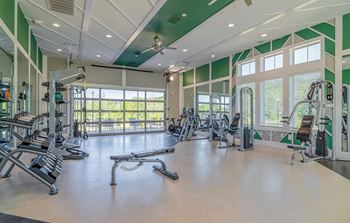 A gym with weights and other exercise equipment and windows